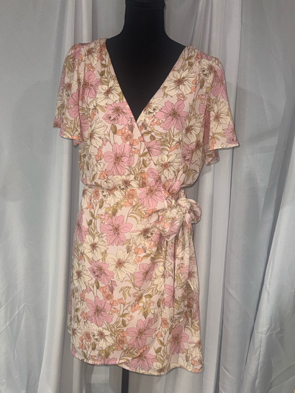 Lush Pink and Cream Floral Wrap Mini Dress